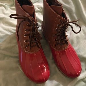 Brand new red duck boots. Size 8.5