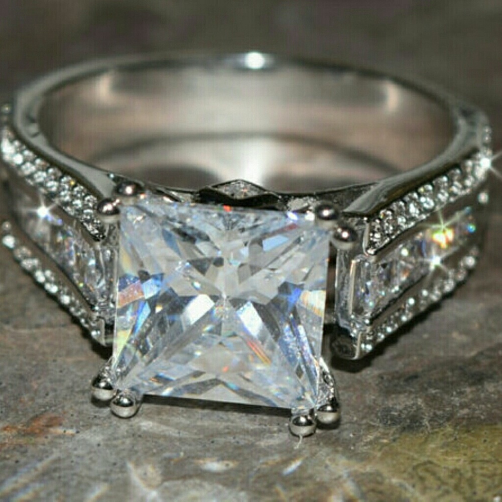 Platinum Plated Princess Cut Ring