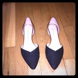 Navy blue and brown leather flats