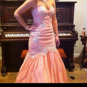 Coral Strapless Mermaid Open Back Prom dress