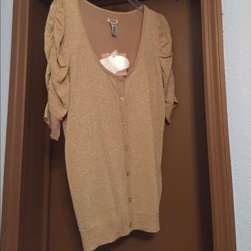 Gold Metallic Shirred Sleeve Cardigan