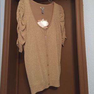 Gold Metallic Shirred Sleeve Cardigan