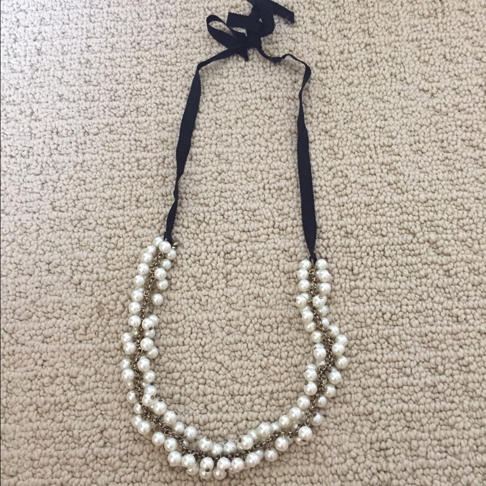 J Crew Black Ribbon Faux Pearl Necklace