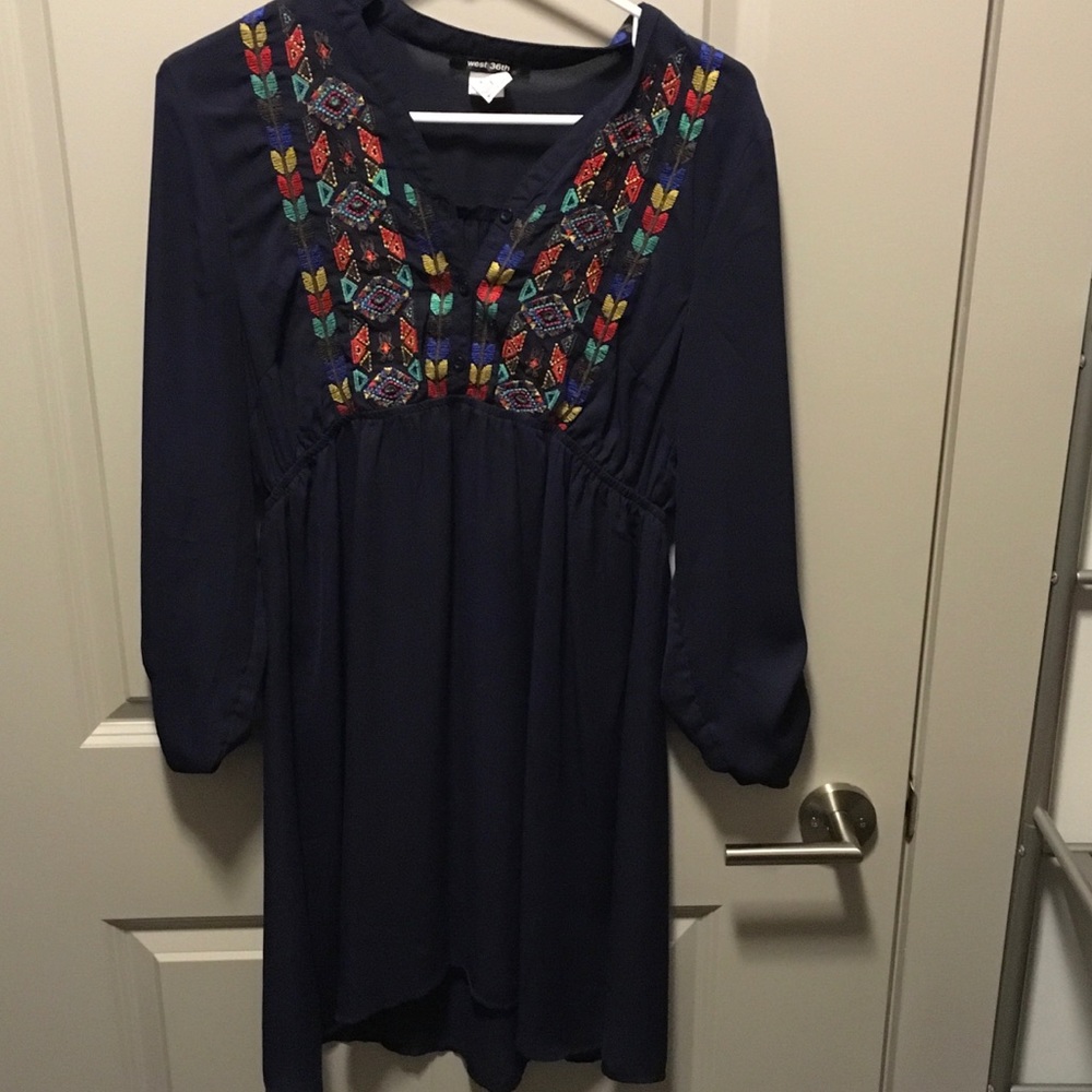 Navy blue dress with colorful embroidery