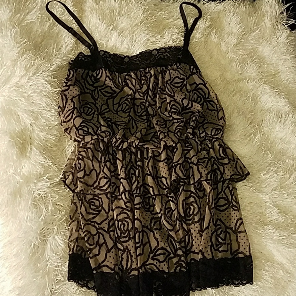 Tan and black sheer lace layered top