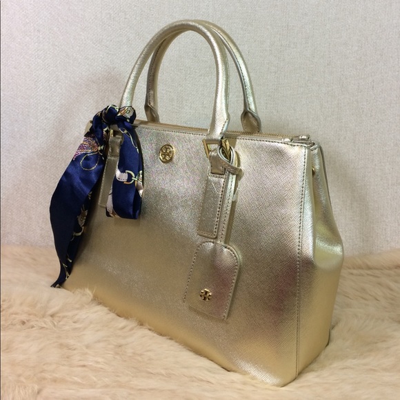 Tory Burch Gold Mini Robinson Double-Zip Satchel - Picture 2 of 8