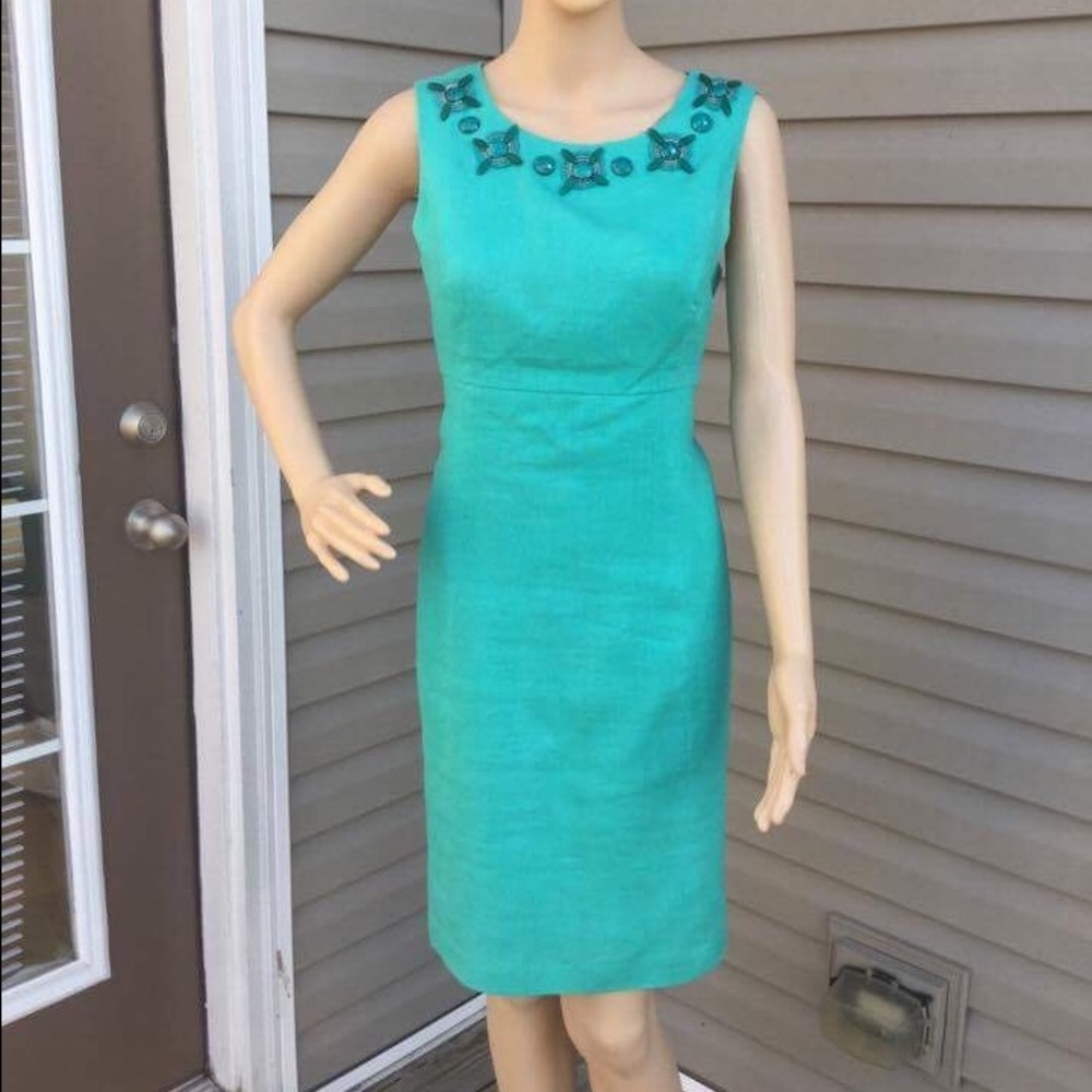 DONNA MORGAN Turquoise Linen Beaded Dress Size: 8