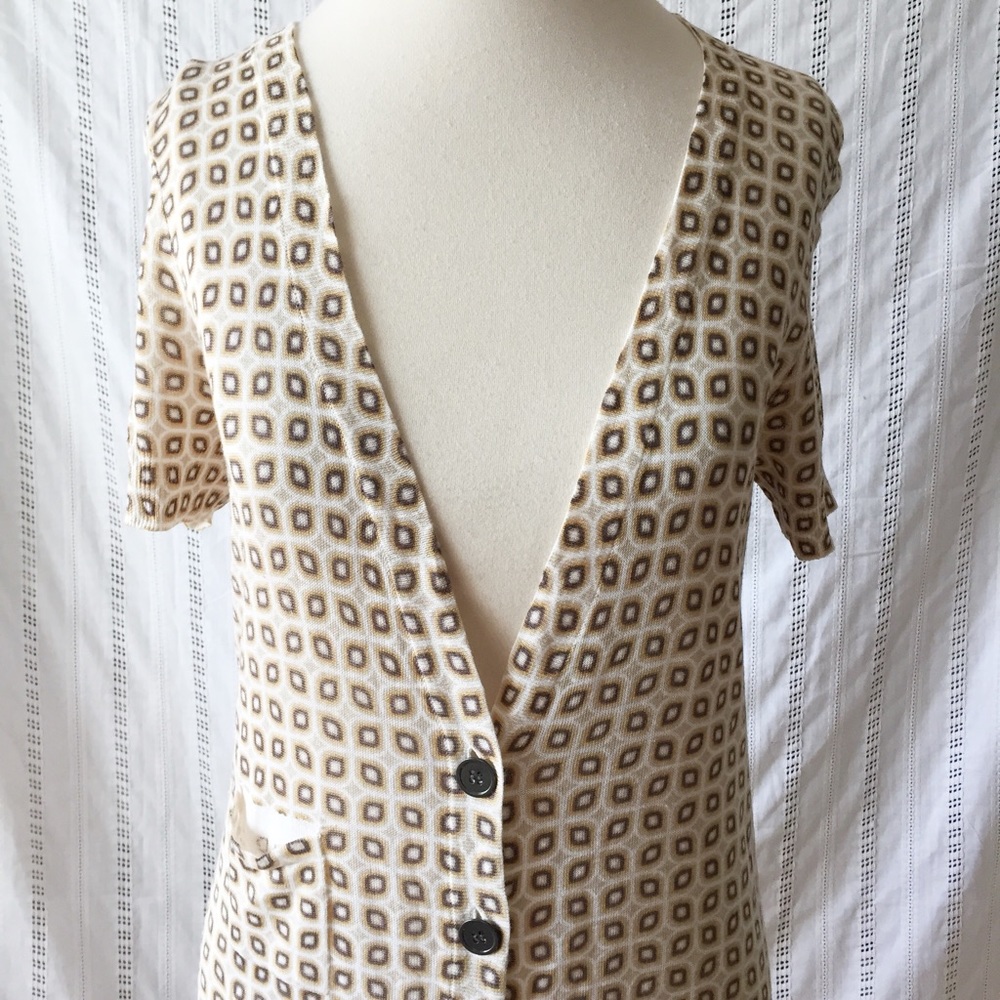 J. Crew Women’s Geometric Cardigan Sweater Taupe Cream Short Sleeve Size Medium