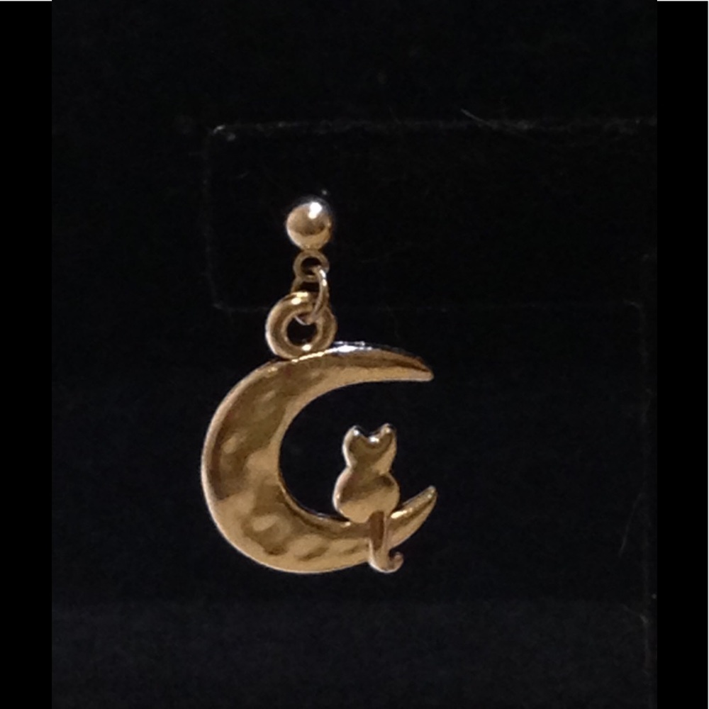 SOLD OUT Silver Cat in the Moon Stud Earrings - Picture 2 of 2