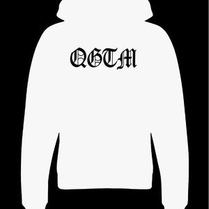 Q G T M Pullover hoodie in white.