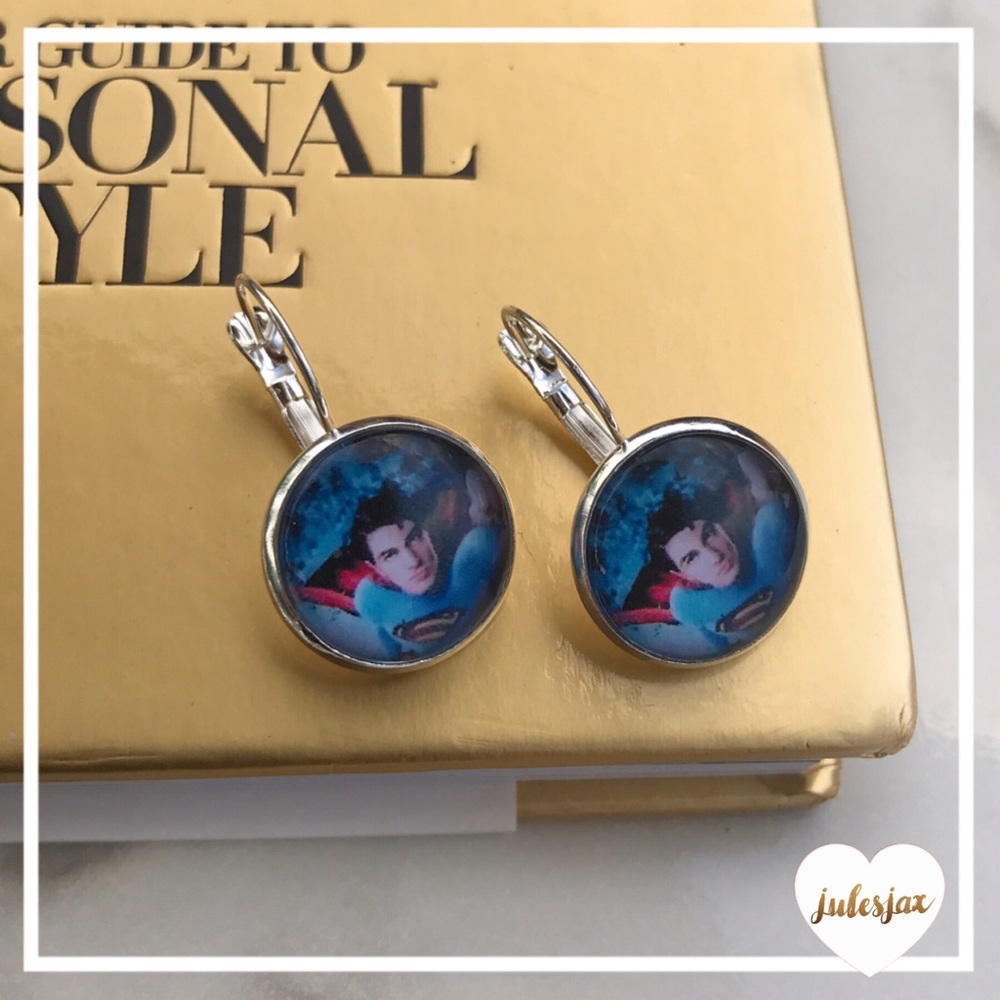Glass topped silver SUPERMAN earrings