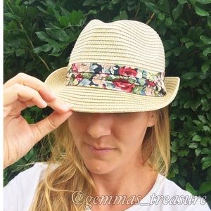 Straw Fedora with Navy Floral Band