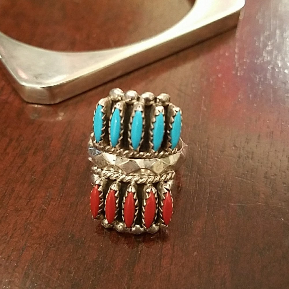 Zuni Turquoise/Coral Petit Point Sterling Ring