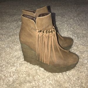 Fringe wedge booties