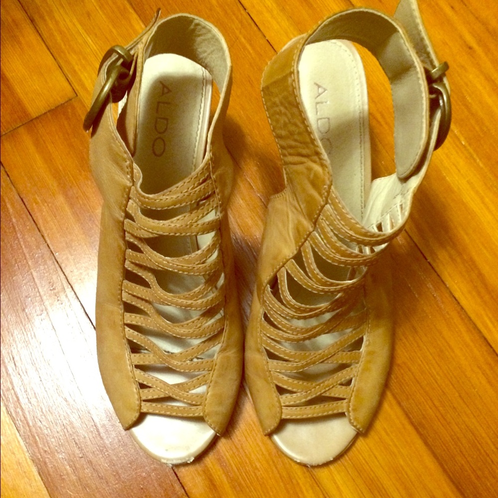 Tan leather wedge sandals