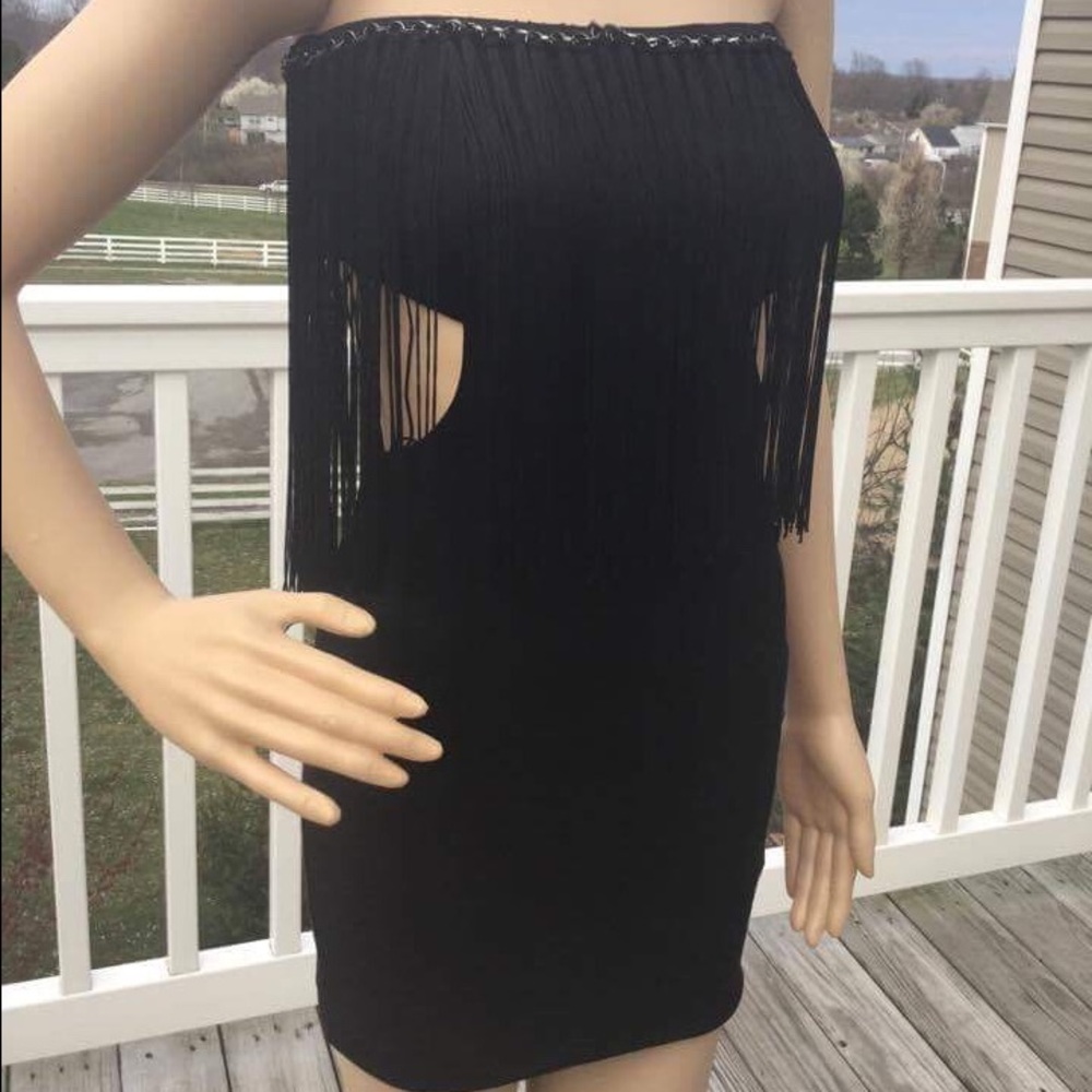BEBE Black Fringe Side Cut-Out Mini Dress Size: XS