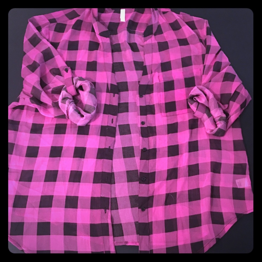 Sheer black and pink plaid top