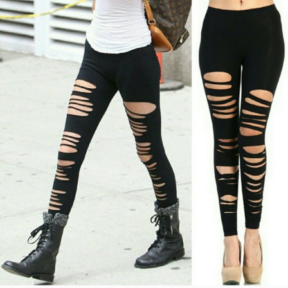 Ripped Black Leggings, Cotton