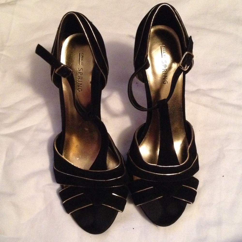 Black velvet and gold heels