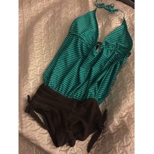 Green and brown one piece bathing suit