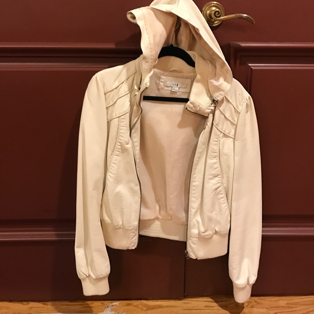 A white Moto leather jacket from forever 21.