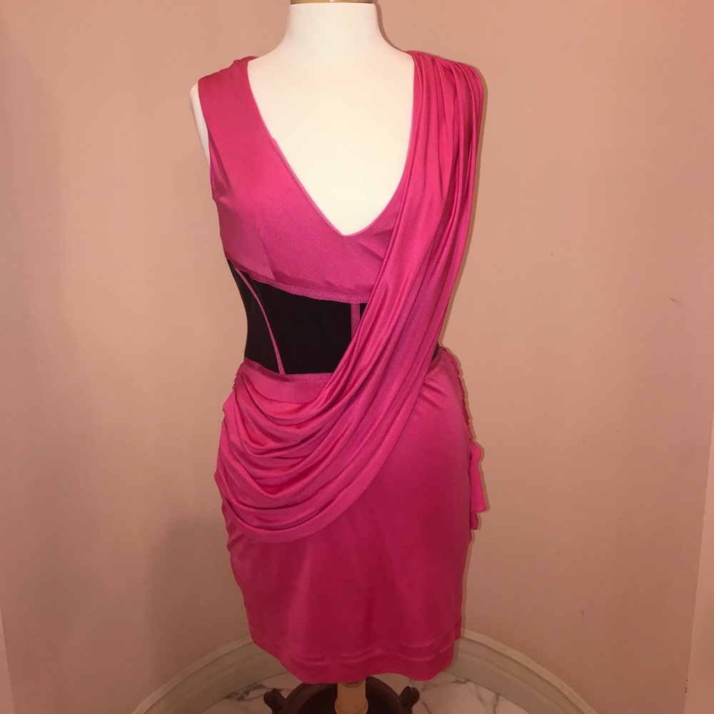 NEVER BEEN WORN hot pink with black leather dress