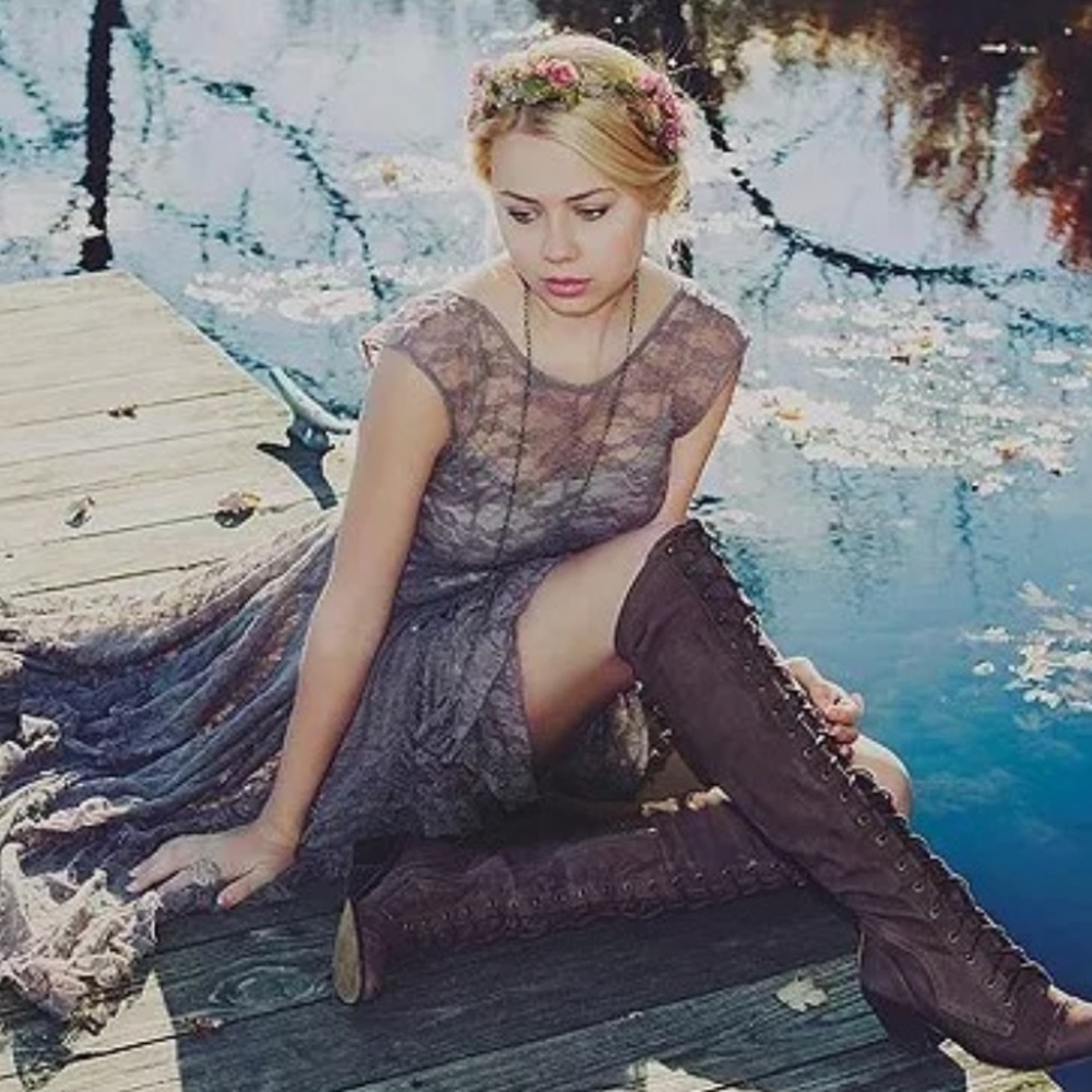 • Graphite Gray Boho Gypsy Lace Dress • - Picture 2 of 8