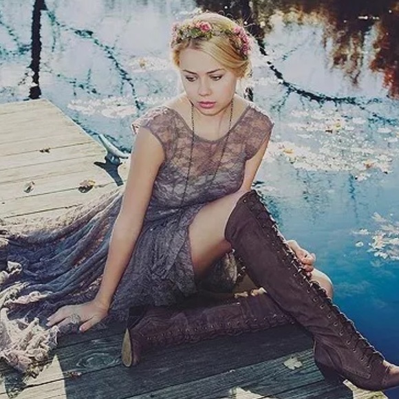 • Graphite Gray Boho Gypsy Lace Dress • - Picture 2 of 8