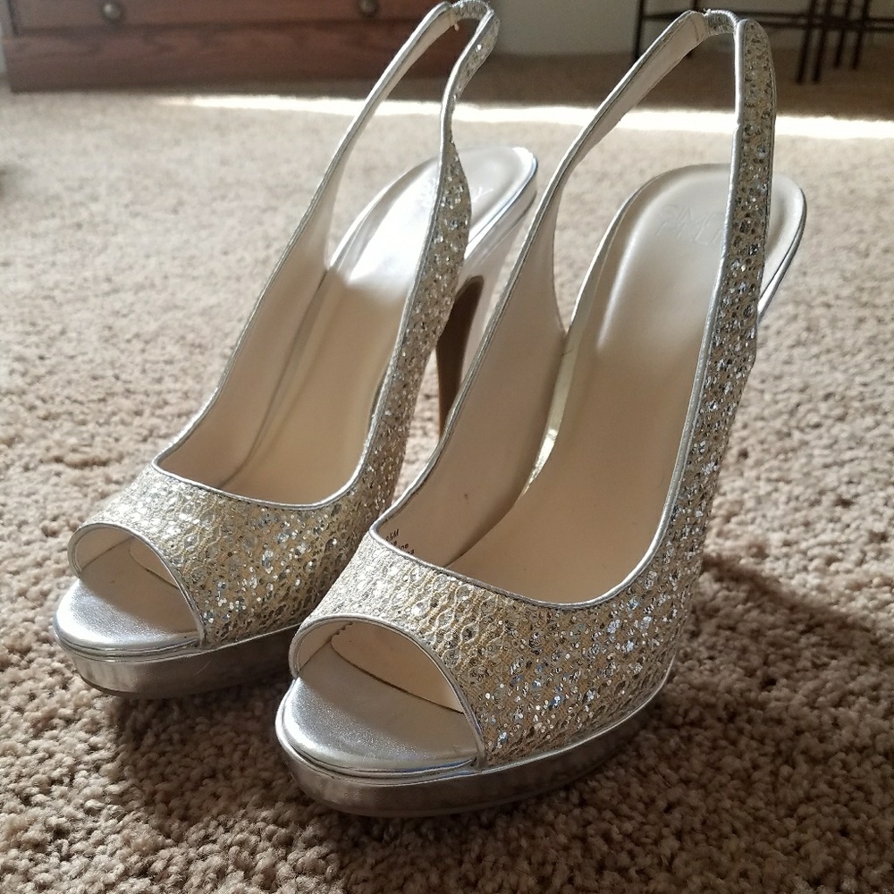 Metallic Silver Peep Toe Slingback Heels