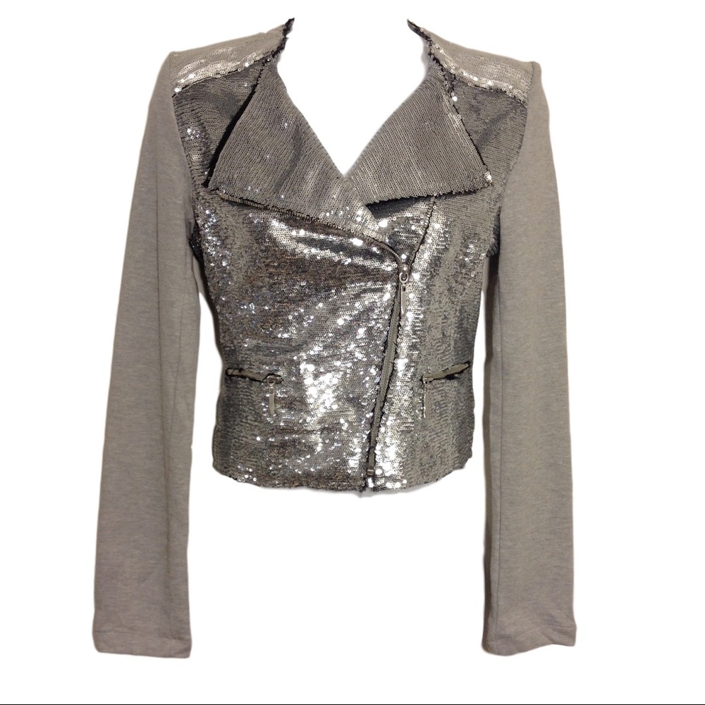 Silver Sequined Moto Jacket - NWT - Sz M