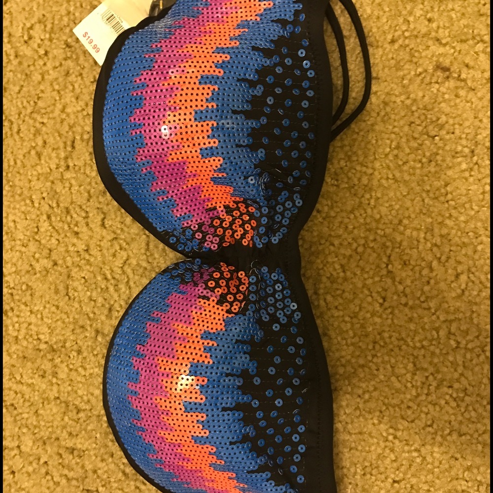 Multicolored sequined strapless bikini top