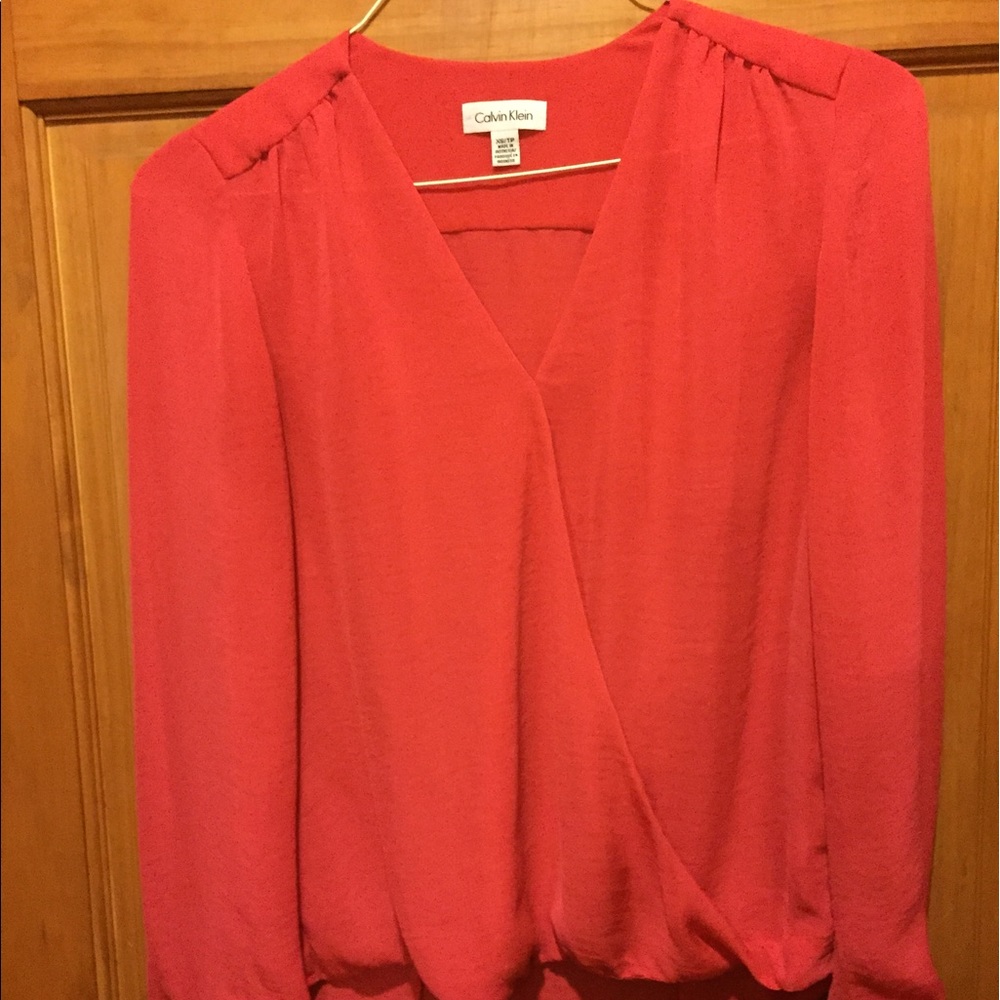 Calvin Klein fuschia chiffon faux wrap blouse