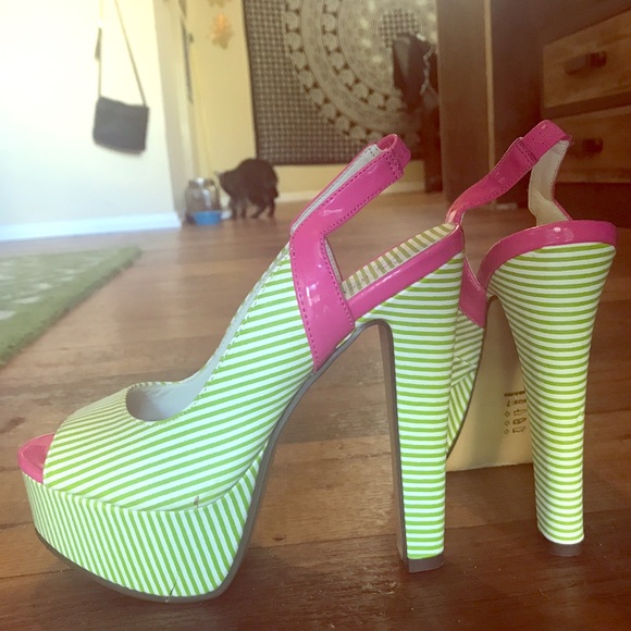 Green & Pink Striped Platform Slingbacks - Picture 1 of 8