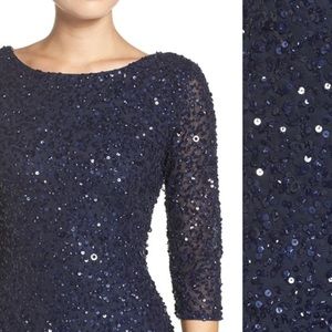 Adrianna Papell 3/4 sleeve Navy sequin beaded gown