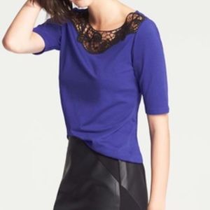 Ann Taylor 3/4 sleeve top with lace neckline.