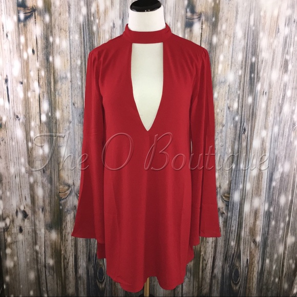 🎉CLEARANCE🎉 Red Choker Plunge Bell Sleeve Dress - Picture 2 of 3