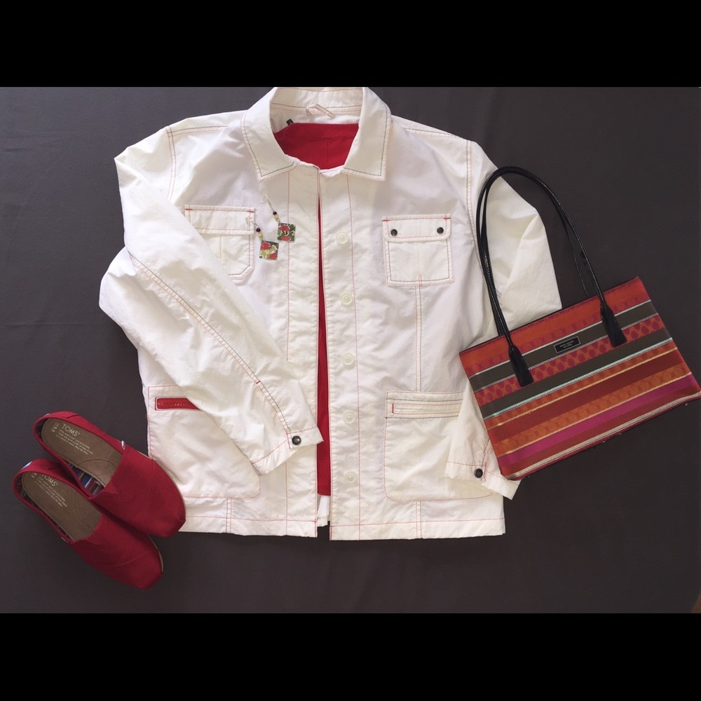 White with red and black stitching spring jacket