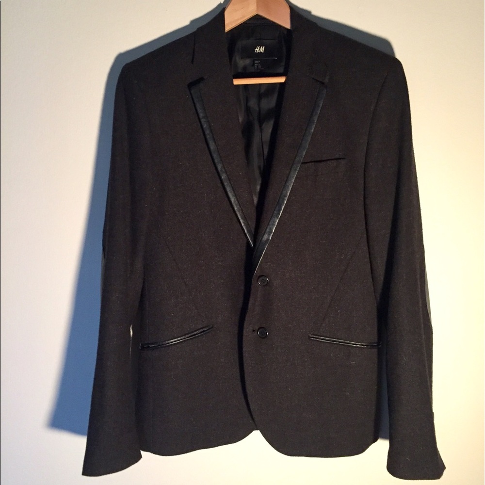 Black Wool Blazer with Faux Leather Detail