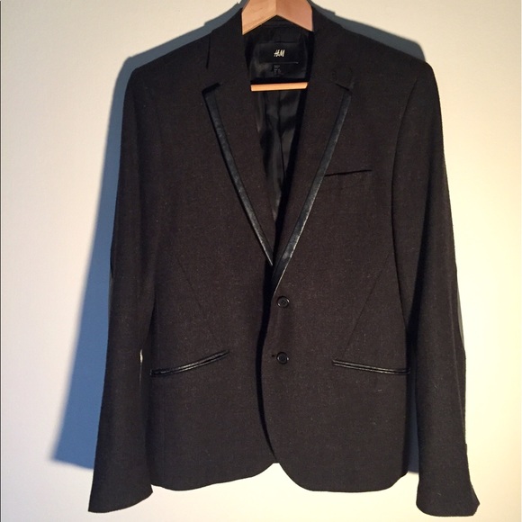 Black Wool Blazer with Faux Leather Detail - Picture 1 of 3