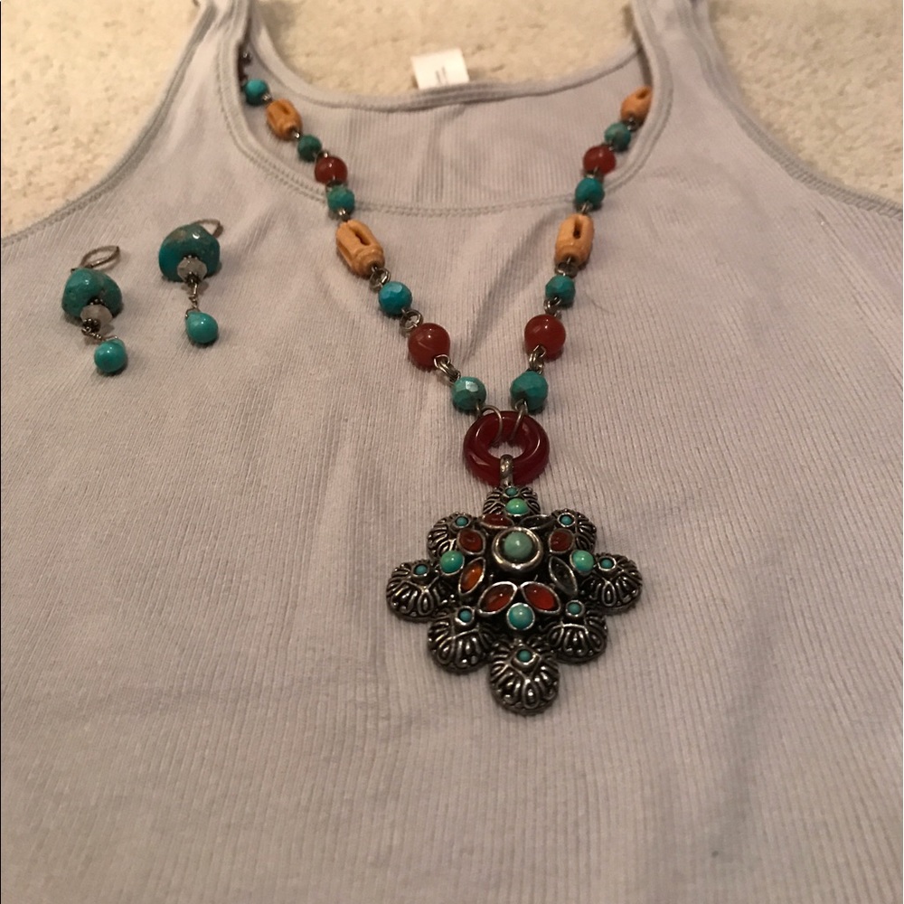 Coral and turquoise necklace with earrings