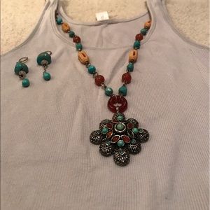 Coral and turquoise necklace with earrings