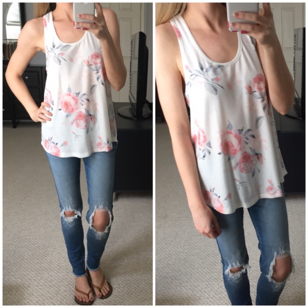 LAST ITEMโซSoftest White Floral Basic Tank - Picture 2 of 6