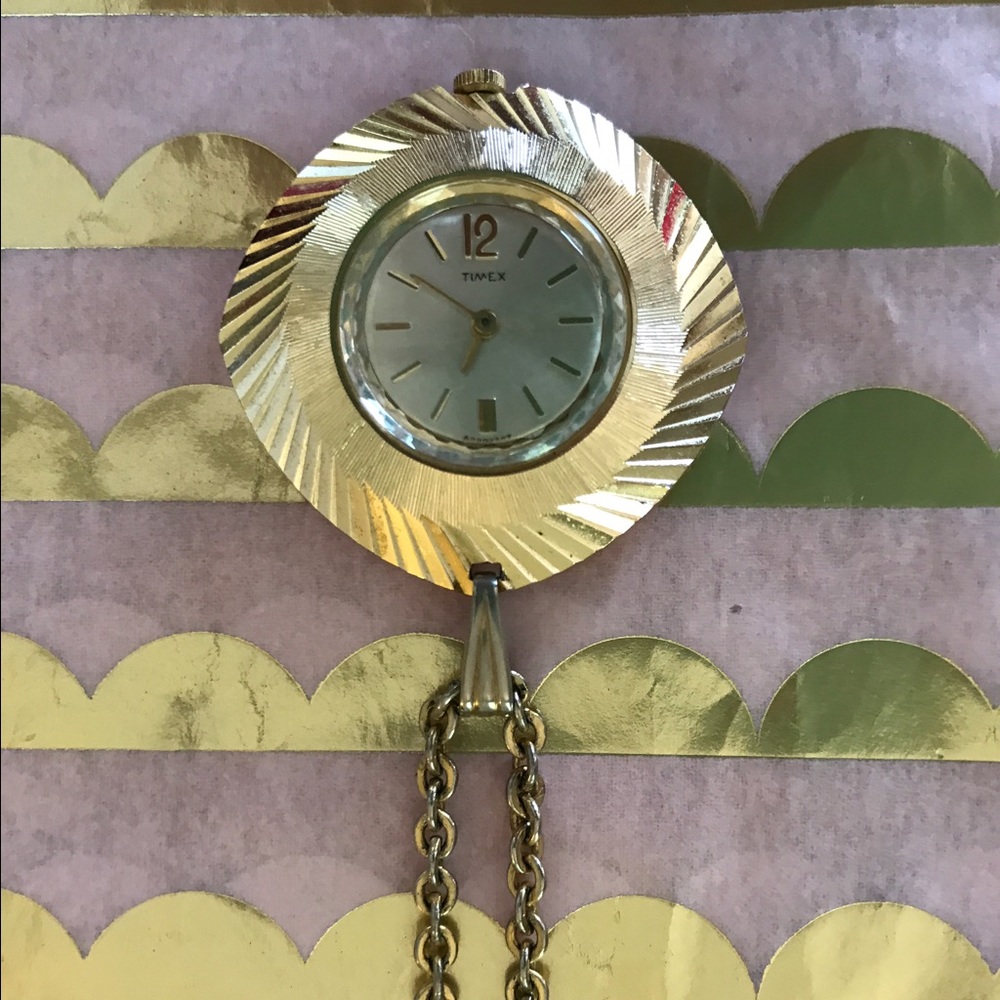 Vintage timex gold watch long necklace .
