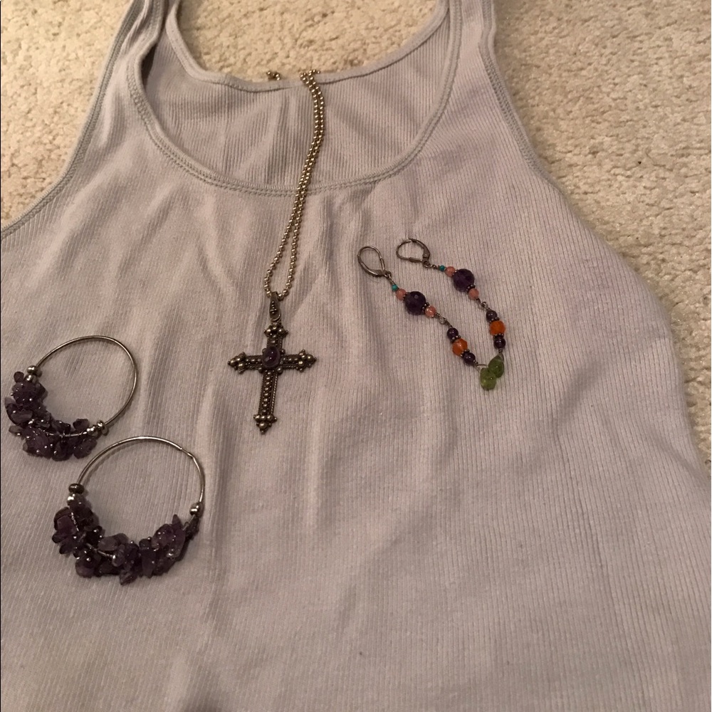Necklace Sterling and 2 pair amethyst earrings