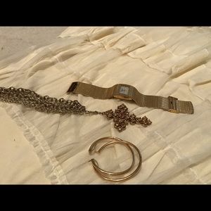 MK Watch/Crystal Face, Gold Hoops, Gold Cross