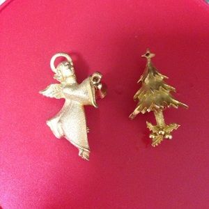Angel and xmas tree pin brooch