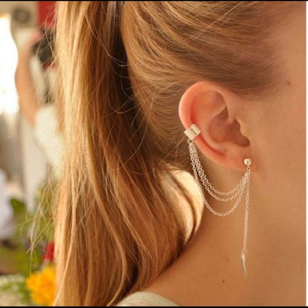 Silver Plated Leaf Tassel Earrings Ear Cuff