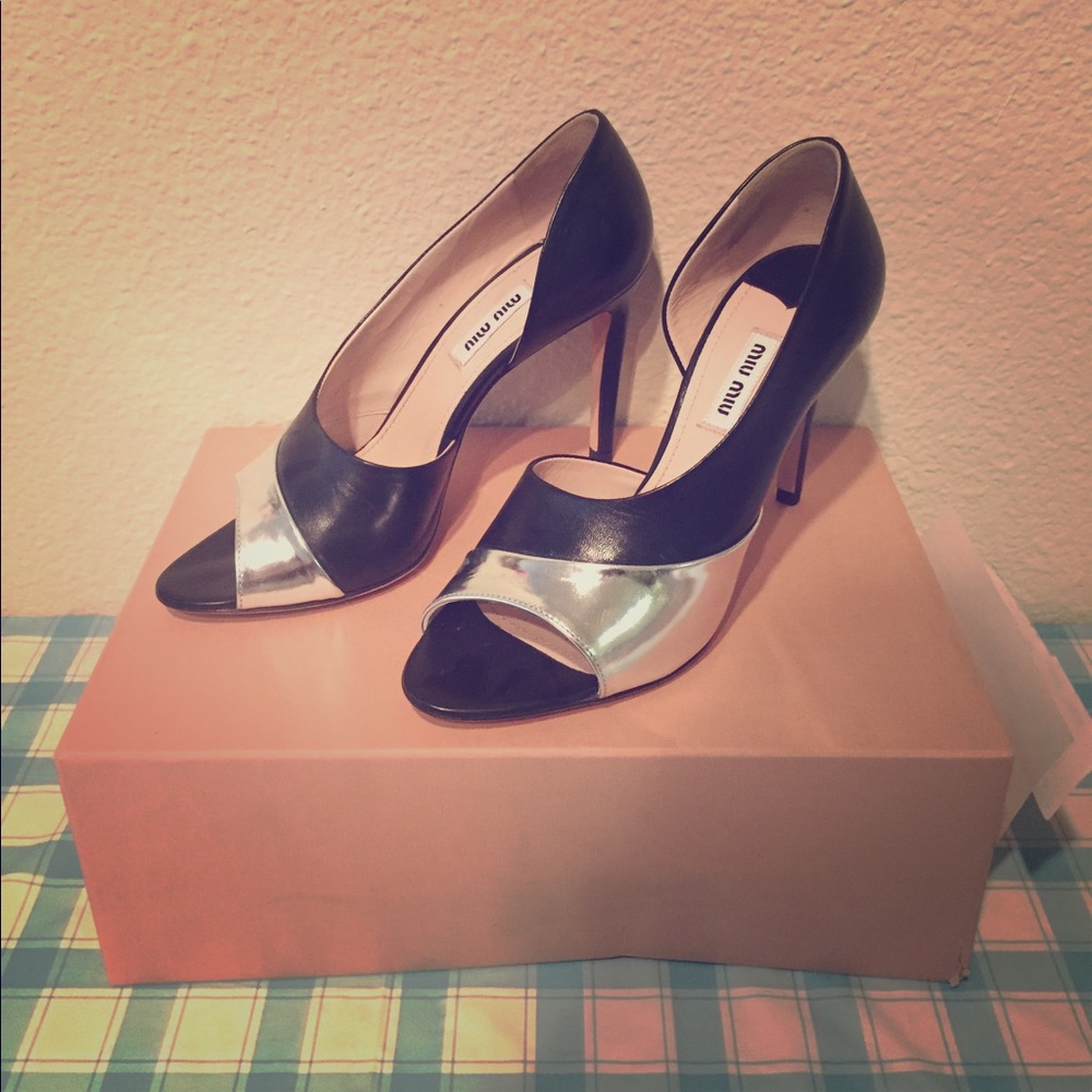 MIU MIU black silver peeptoe cutout heels 37