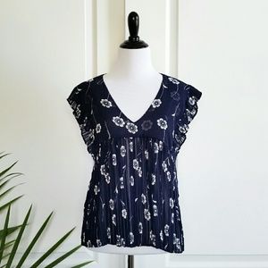 Floral Pleated Ruffled Sleeve Blouse - Navy