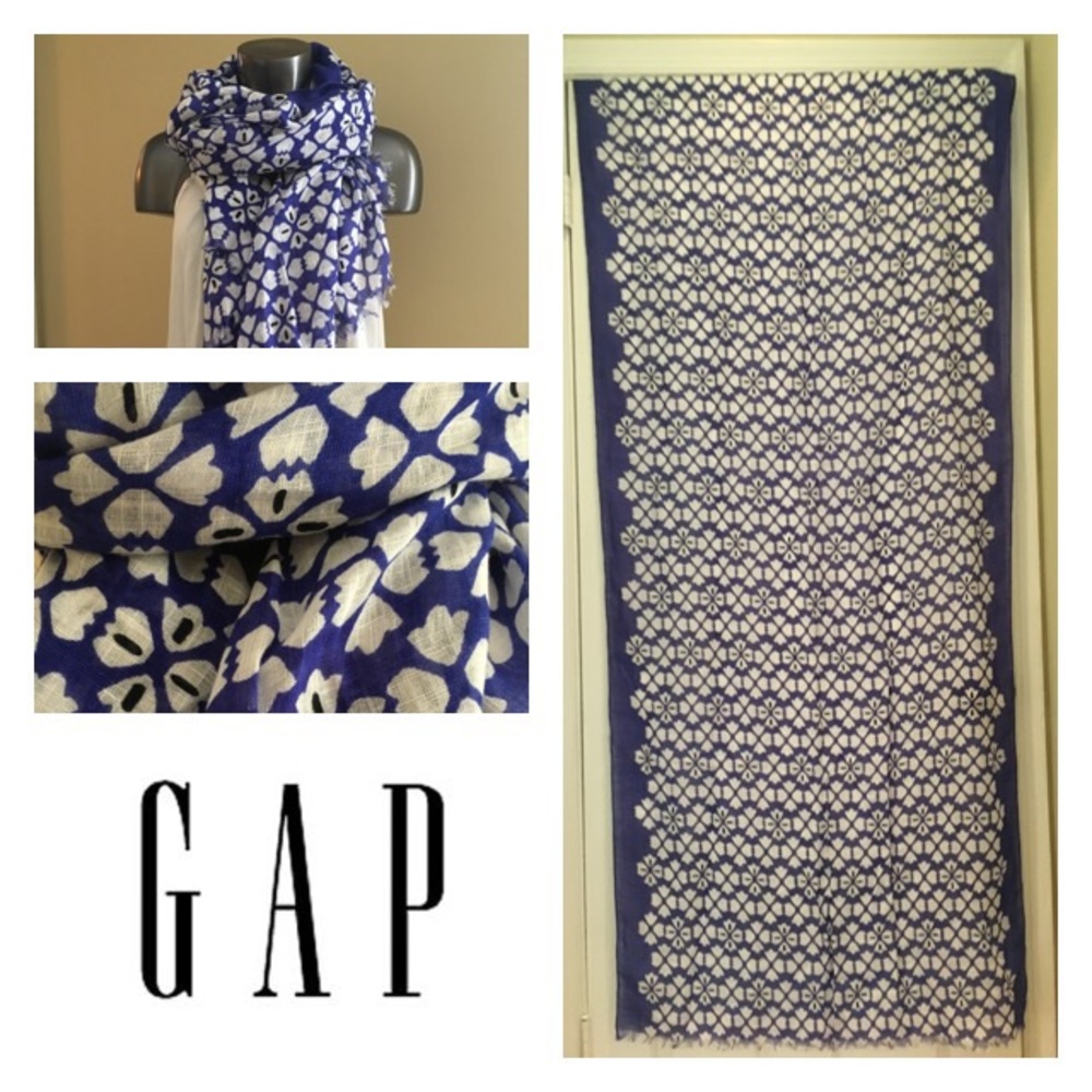 Gap Electric Blue Black/White Printed Linen Scarf